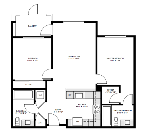 Floor plan for 2 beds, 2 baths, 986 sqft